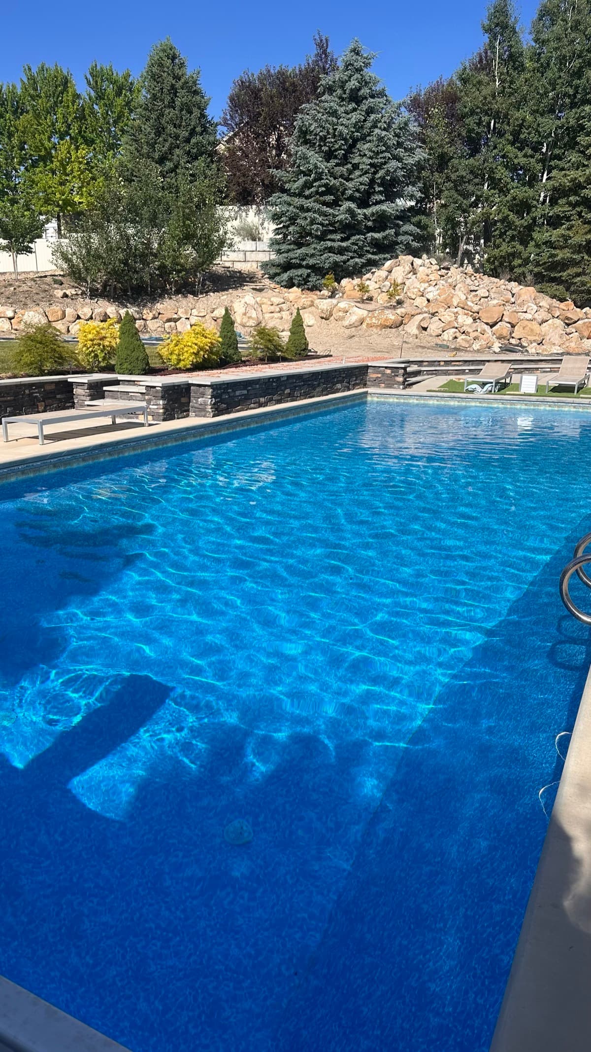 Crystal clear inground pool with rock landscaping